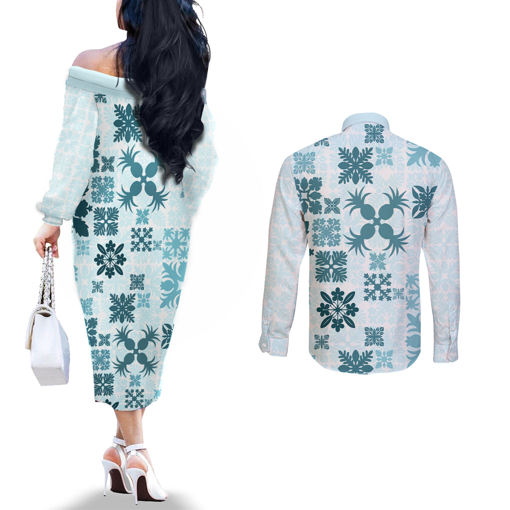 Vintage Hawaii Couples Matching Off The Shoulder Long Sleeve Dress and Long Sleeve Button Shirts Hawaiian Quilt Kapa Mismatch Teal LT7 - Polynesian Pride