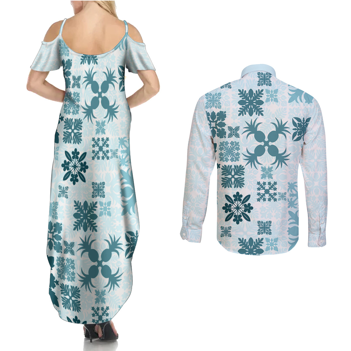 Vintage Hawaii Couples Matching Summer Maxi Dress and Long Sleeve Button Shirts Hawaiian Quilt Kapa Mismatch Teal LT7 - Polynesian Pride