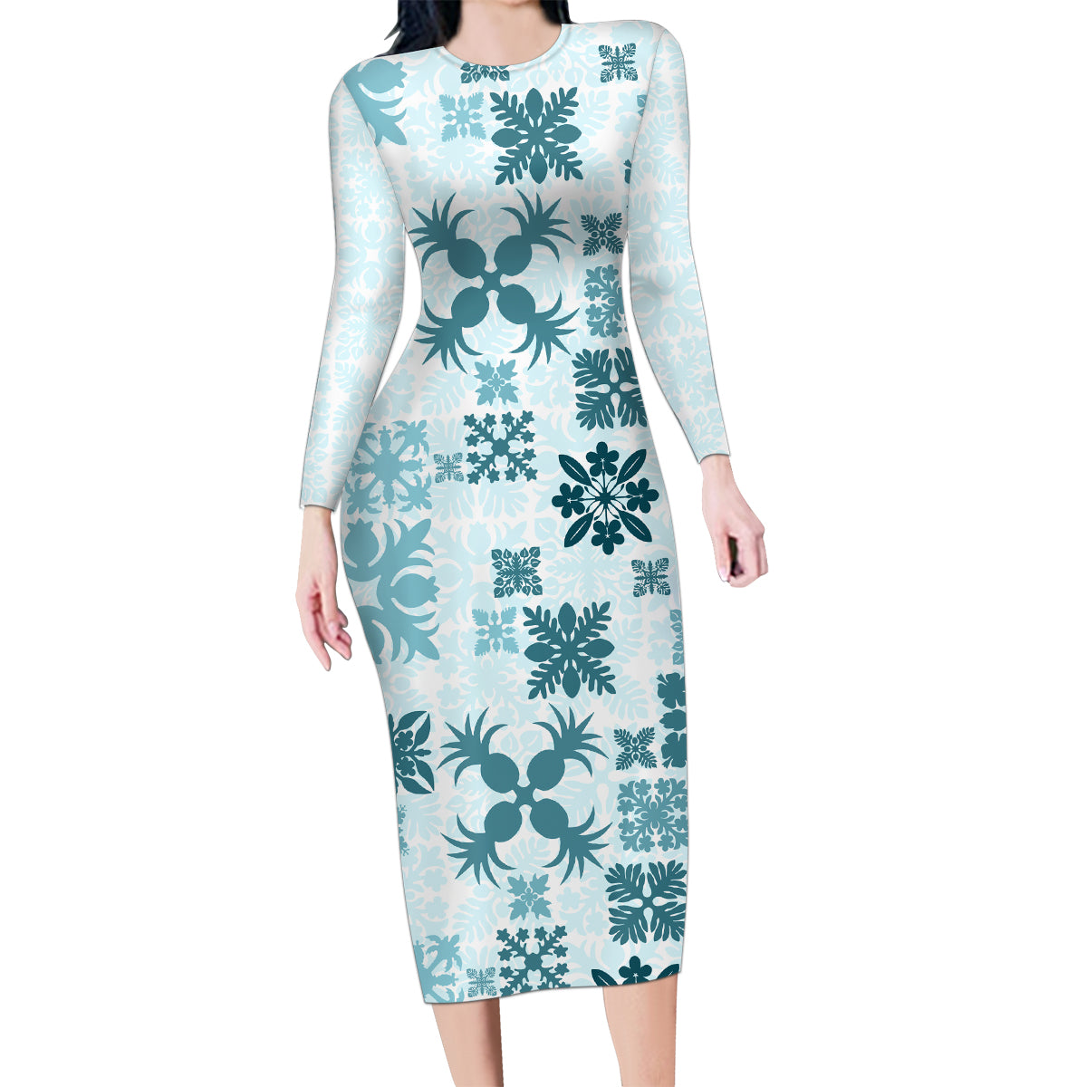 Vintage Hawaii Family Matching Long Sleeve Bodycon Dress and Hawaiian Shirt Hawaiian Quilt Kapa Mismatch Teal LT7 Mom's Dress Teal - Polynesian Pride