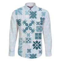 Vintage Hawaii Family Matching Mermaid Dress and Hawaiian Shirt Hawaiian Quilt Kapa Mismatch Teal LT7 Dad's Shirt - Long Sleeve Teal - Polynesian Pride