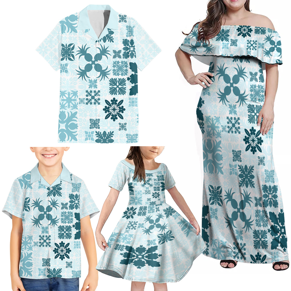 Vintage Hawaii Family Matching Off Shoulder Maxi Dress and Hawaiian Shirt Hawaiian Quilt Kapa Mismatch Teal LT7 - Polynesian Pride