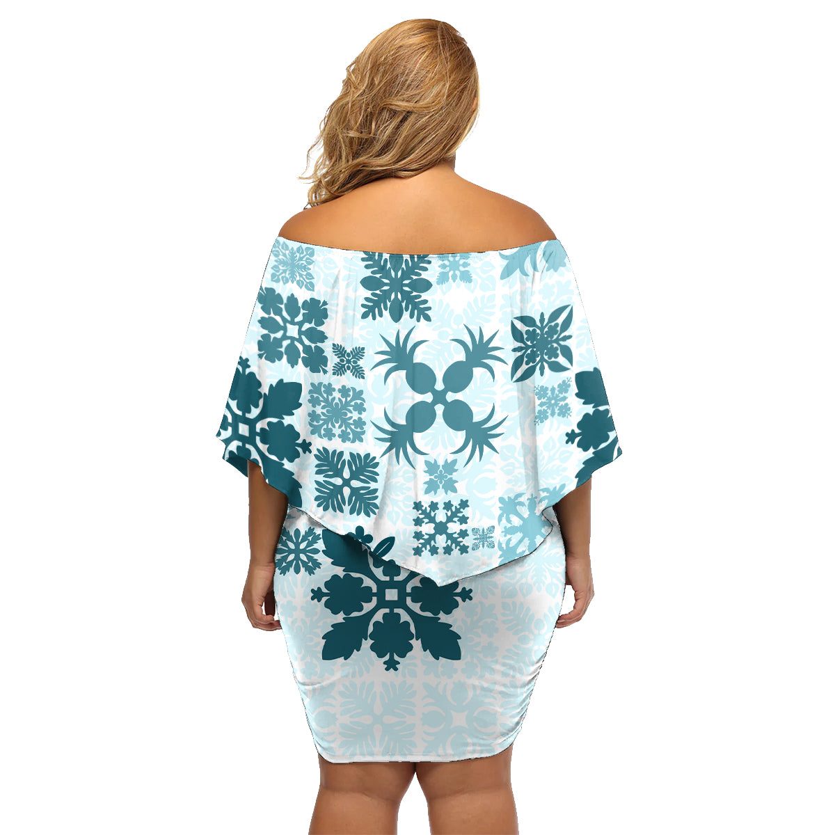 Vintage Hawaii Family Matching Off Shoulder Short Dress and Hawaiian Shirt Hawaiian Quilt Kapa Mismatch Teal LT7 - Polynesian Pride