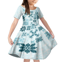 Vintage Hawaii Family Matching Summer Maxi Dress and Hawaiian Shirt Hawaiian Quilt Kapa Mismatch Teal LT7 Daughter's Dress Teal - Polynesian Pride