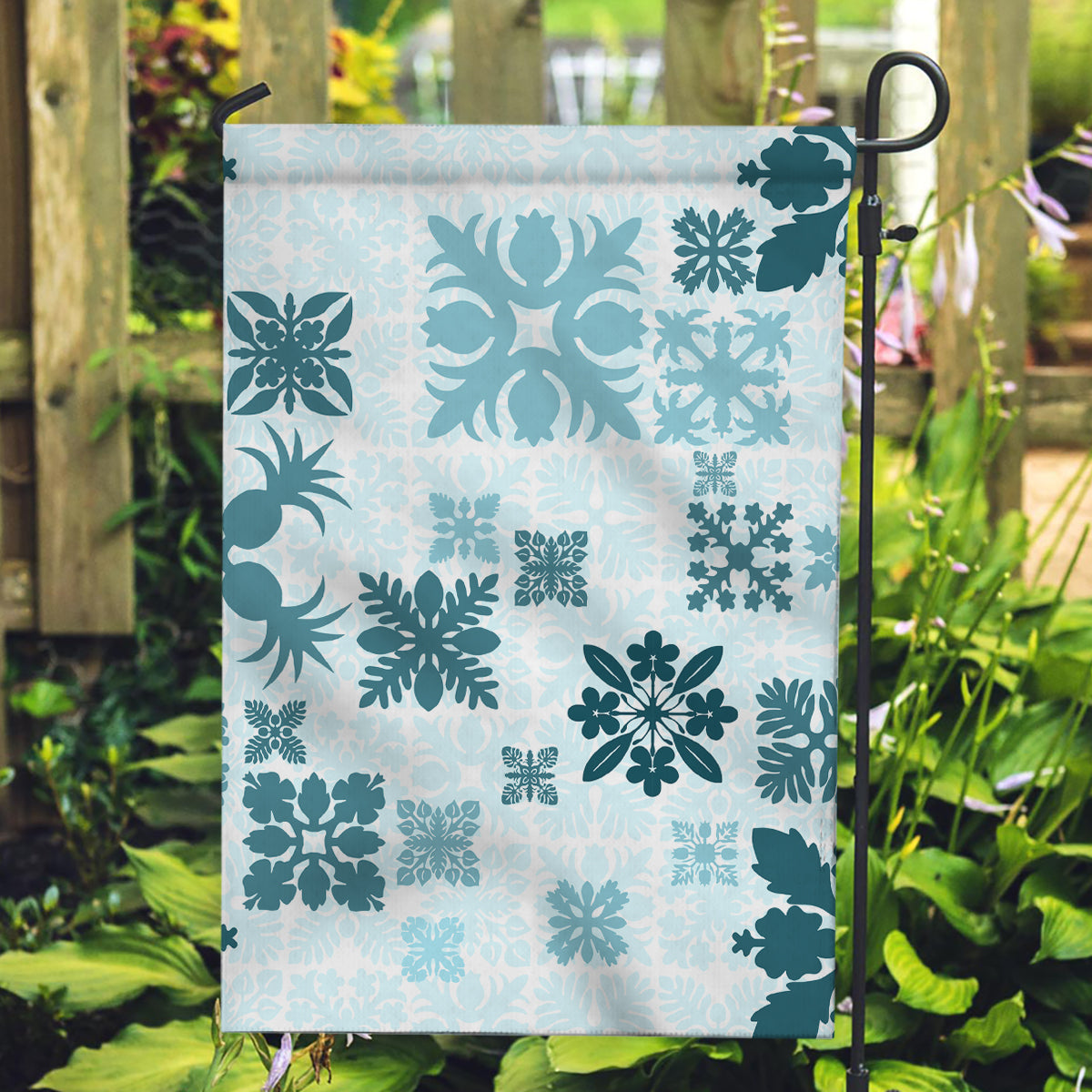 Vintage Hawaii Garden Flag Hawaiian Quilt Kapa Mismatch Teal LT7 Garden Flag Teal - Polynesian Pride