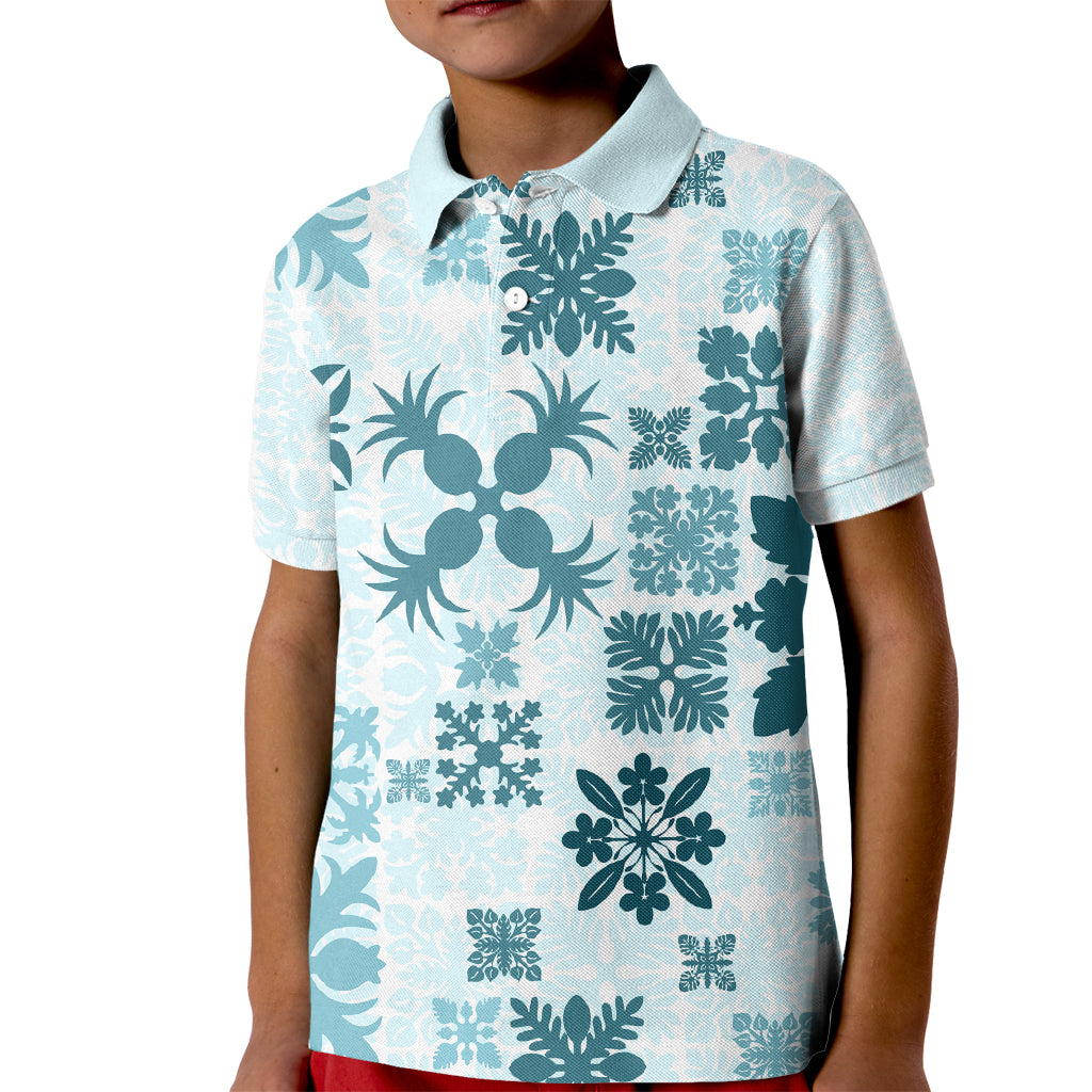 Vintage Hawaii Kid Polo Shirt Hawaiian Quilt Kapa Mismatch Teal LT7 Kid Teal - Polynesian Pride