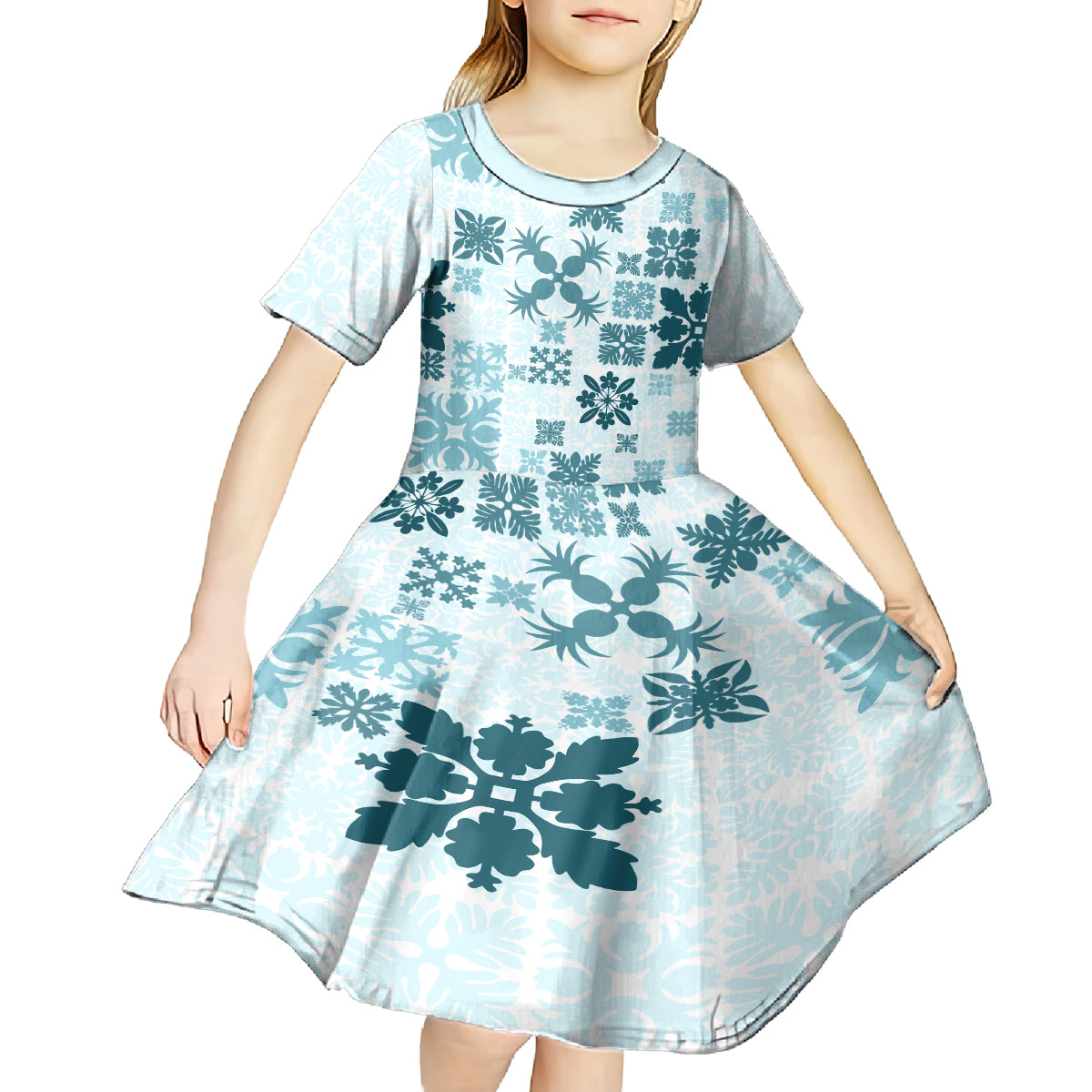 Vintage Hawaii Kid Short Sleeve Dress Hawaiian Quilt Kapa Mismatch Teal LT7 - Polynesian Pride