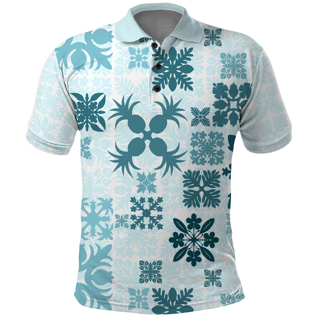 Vintage Hawaii Polo Shirt Hawaiian Quilt Kapa Mismatch Teal LT7 Teal - Polynesian Pride