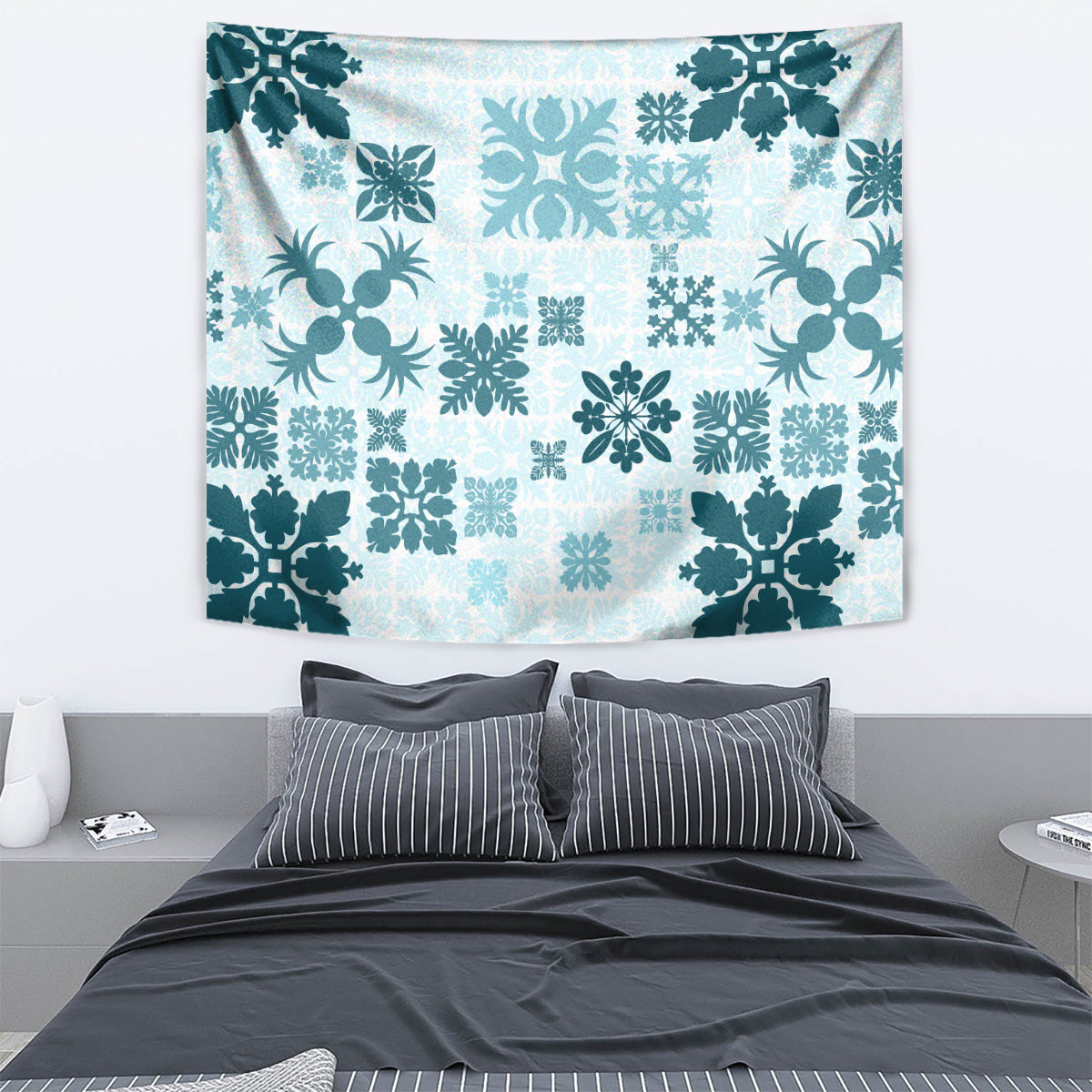 Vintage Hawaii Tapestry Hawaiian Quilt Kapa Mismatch Teal LT7 - Polynesian Pride