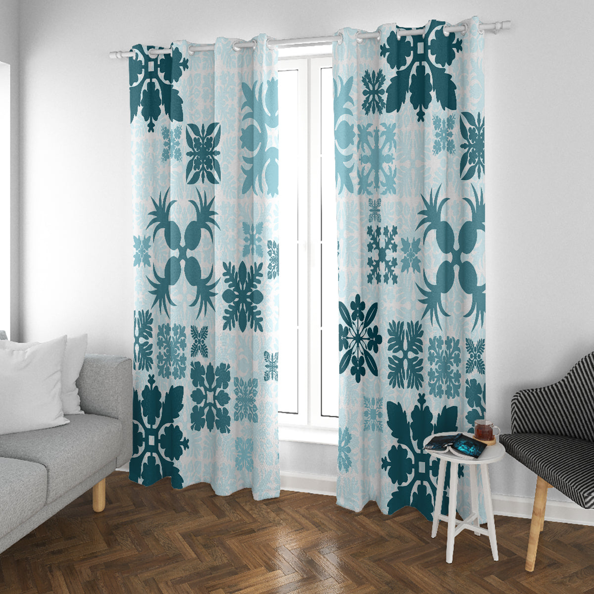 Vintage Hawaii Window Curtain Hawaiian Quilt Kapa Mismatch Teal LT7 With Grommets Teal - Polynesian Pride