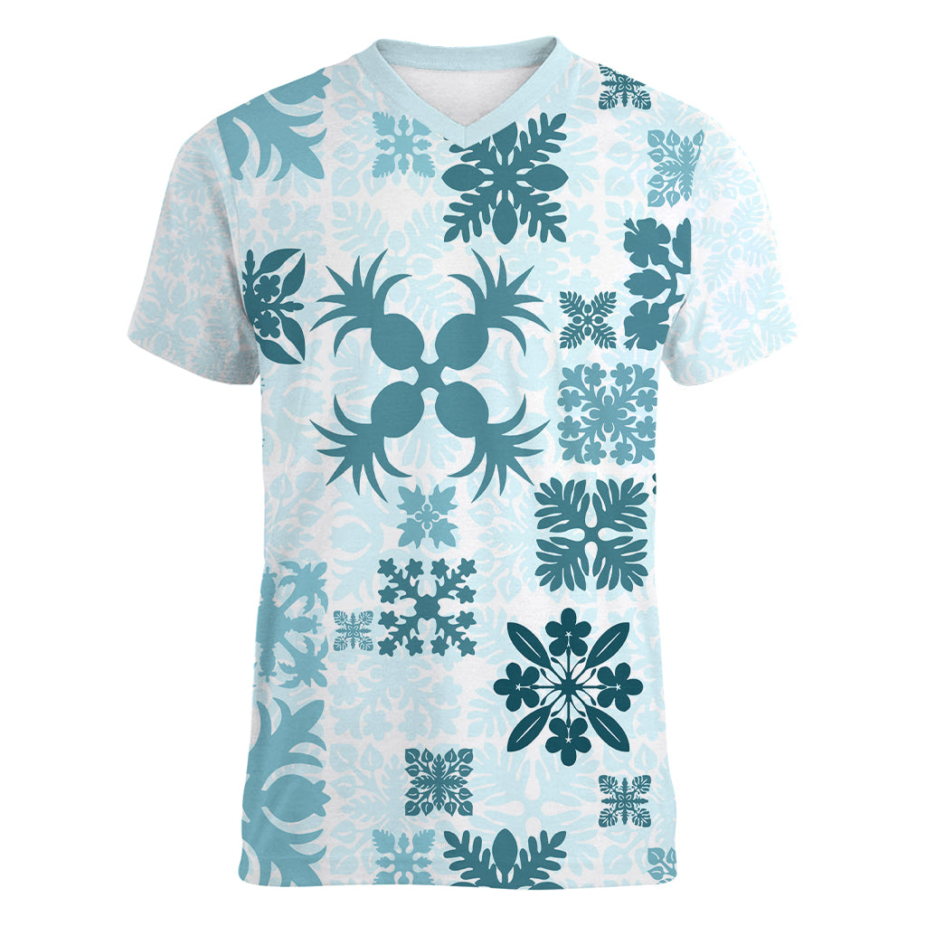 Vintage Hawaii Women V Neck T Shirt Hawaiian Quilt Kapa Mismatch Teal LT7 Female Teal - Polynesian Pride