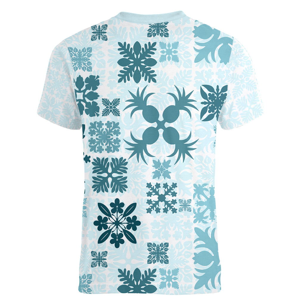 Vintage Hawaii Women V Neck T Shirt Hawaiian Quilt Kapa Mismatch Teal LT7 - Polynesian Pride