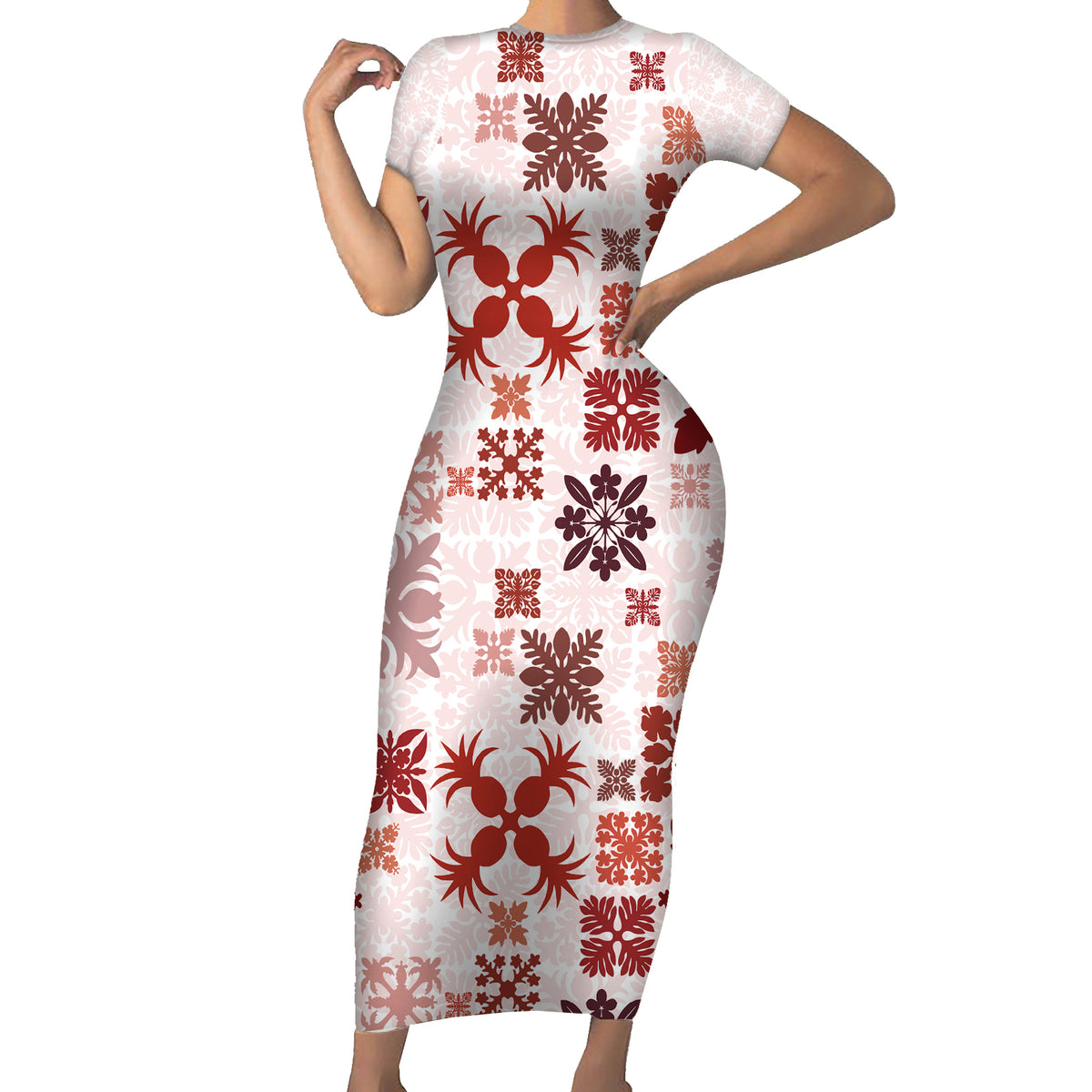 Vintage Hawaii Family Matching Short Sleeve Bodycon Dress and Hawaiian Shirt Hawaiian Quilt Kapa Mismatch Red LT7 Mom's Dress Red - Polynesian Pride