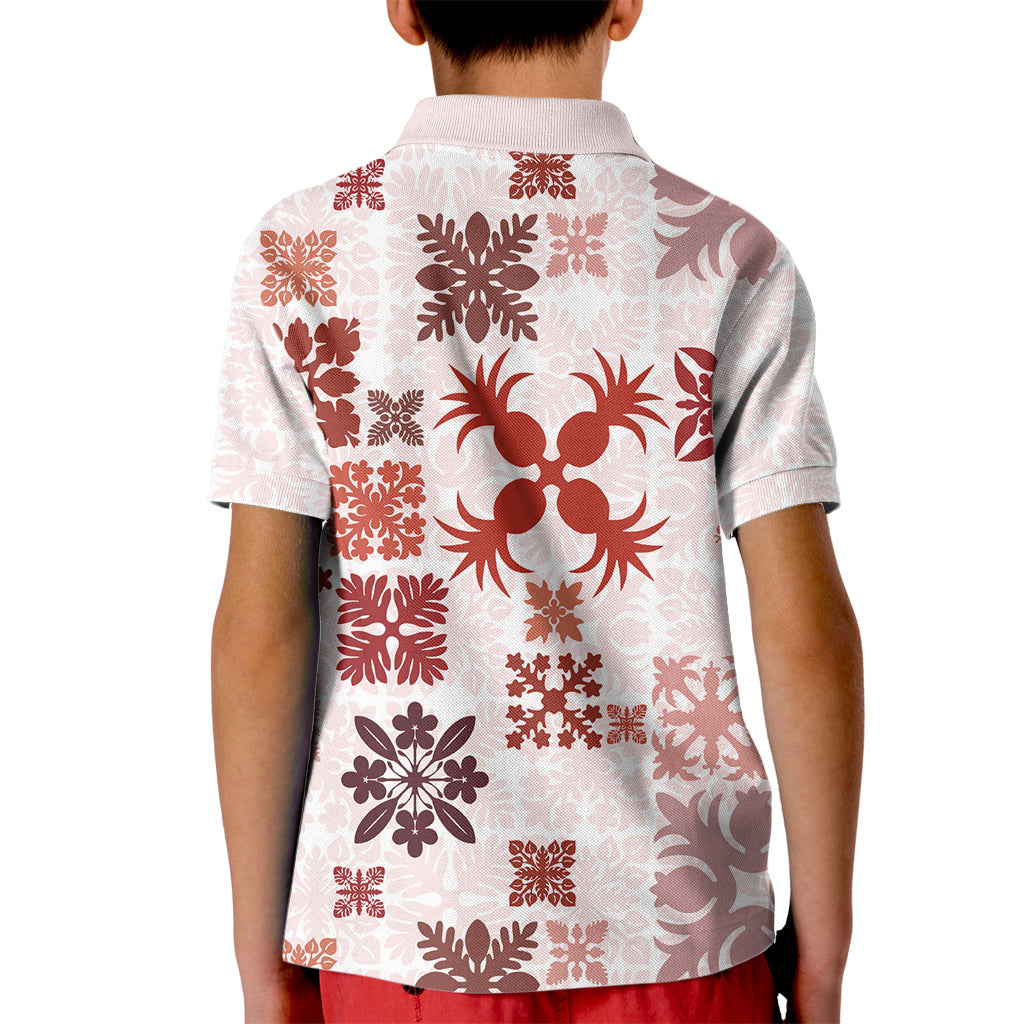 Vintage Hawaii Kid Polo Shirt Hawaiian Quilt Kapa Mismatch Red LT7 - Polynesian Pride