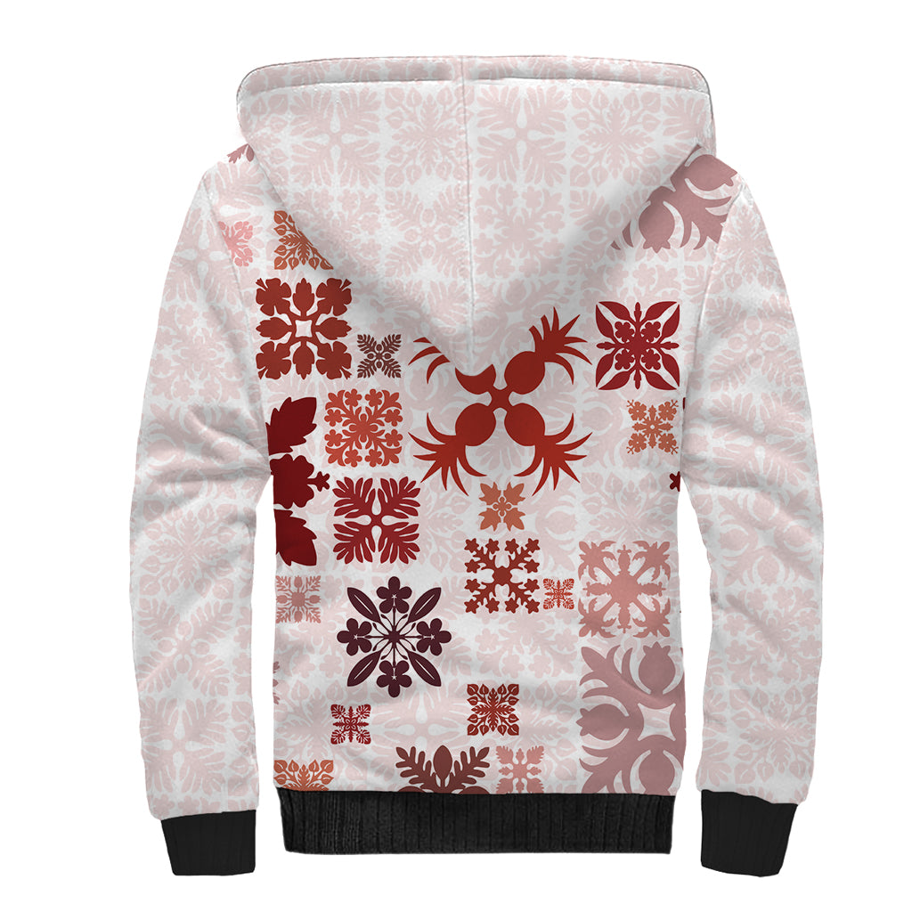 Vintage Hawaii Sherpa Hoodie Hawaiian Quilt Kapa Mismatch Red LT7 - Polynesian Pride