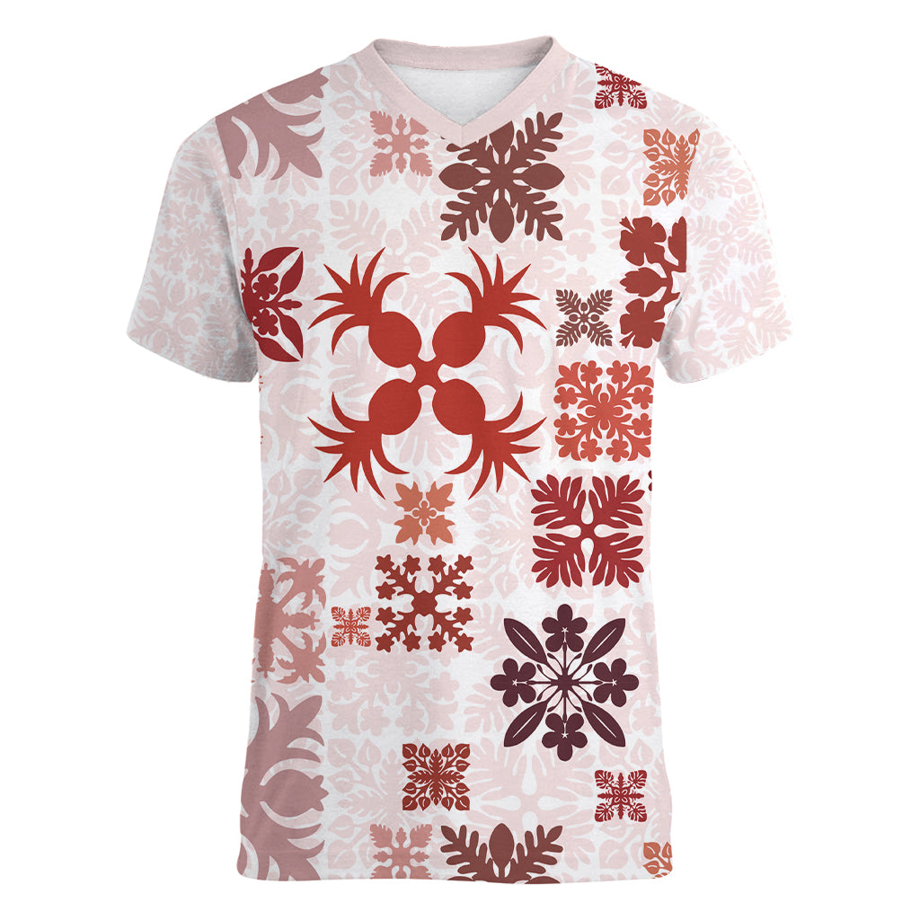 Vintage Hawaii Women V Neck T Shirt Hawaiian Quilt Kapa Mismatch Red LT7 Female Red - Polynesian Pride