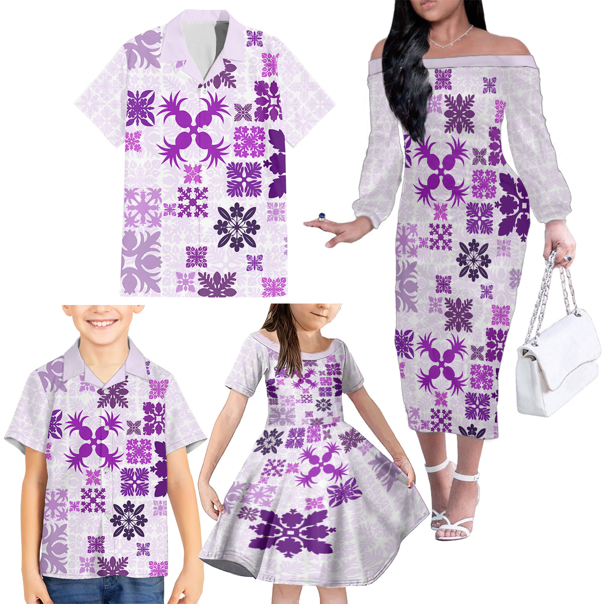 Vintage Hawaii Family Matching Off Shoulder Long Sleeve Dress and Hawaiian Shirt Hawaiian Quilt Kapa Mismatch Purple LT7 - Polynesian Pride