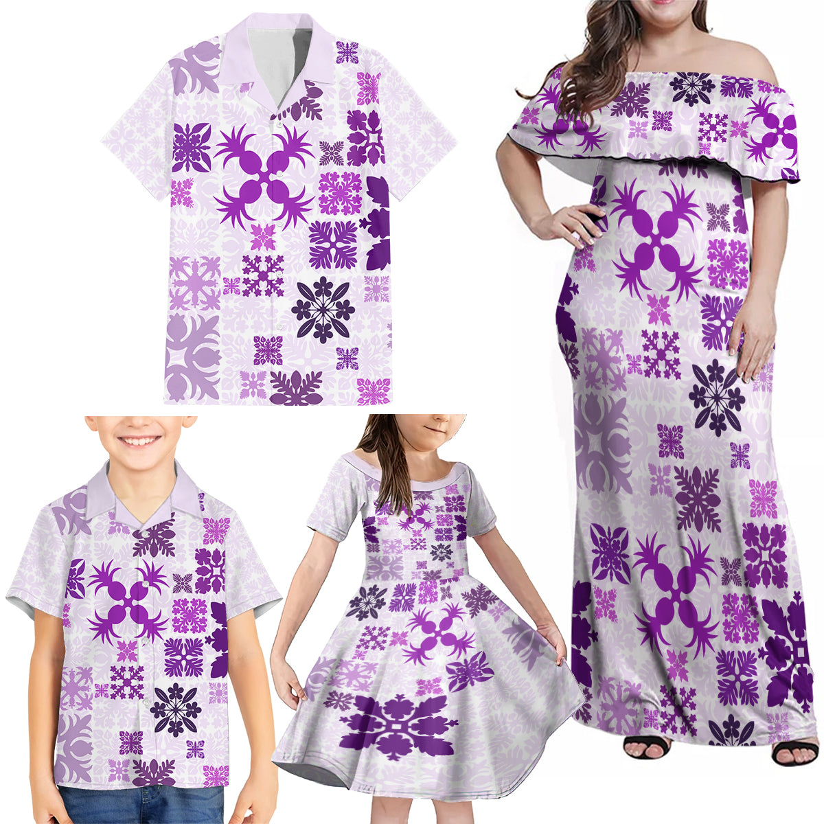 Vintage Hawaii Family Matching Off Shoulder Maxi Dress and Hawaiian Shirt Hawaiian Quilt Kapa Mismatch Purple LT7 - Polynesian Pride