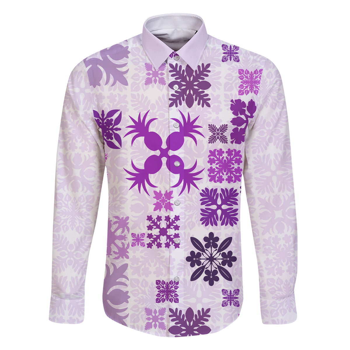 Vintage Hawaii Family Matching Off Shoulder Maxi Dress and Hawaiian Shirt Hawaiian Quilt Kapa Mismatch Purple LT7 Dad's Shirt - Long Sleeve Purple - Polynesian Pride
