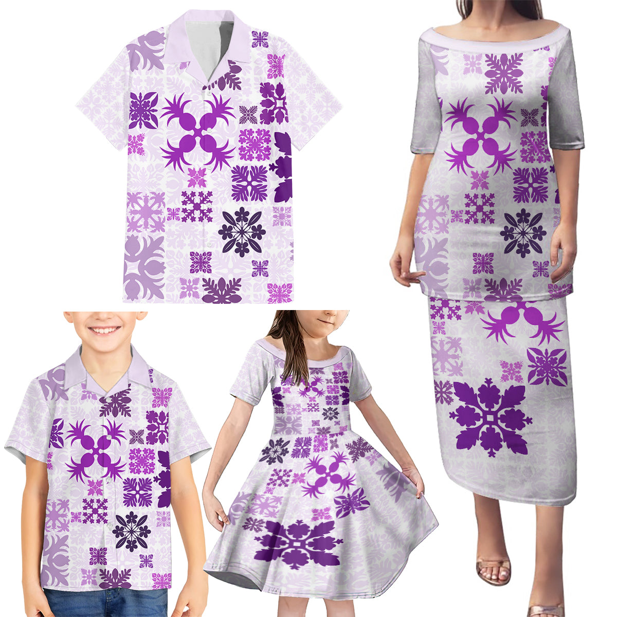 Vintage Hawaii Family Matching Puletasi Dress and Hawaiian Shirt Hawaiian Quilt Kapa Mismatch Purple LT7 - Polynesian Pride