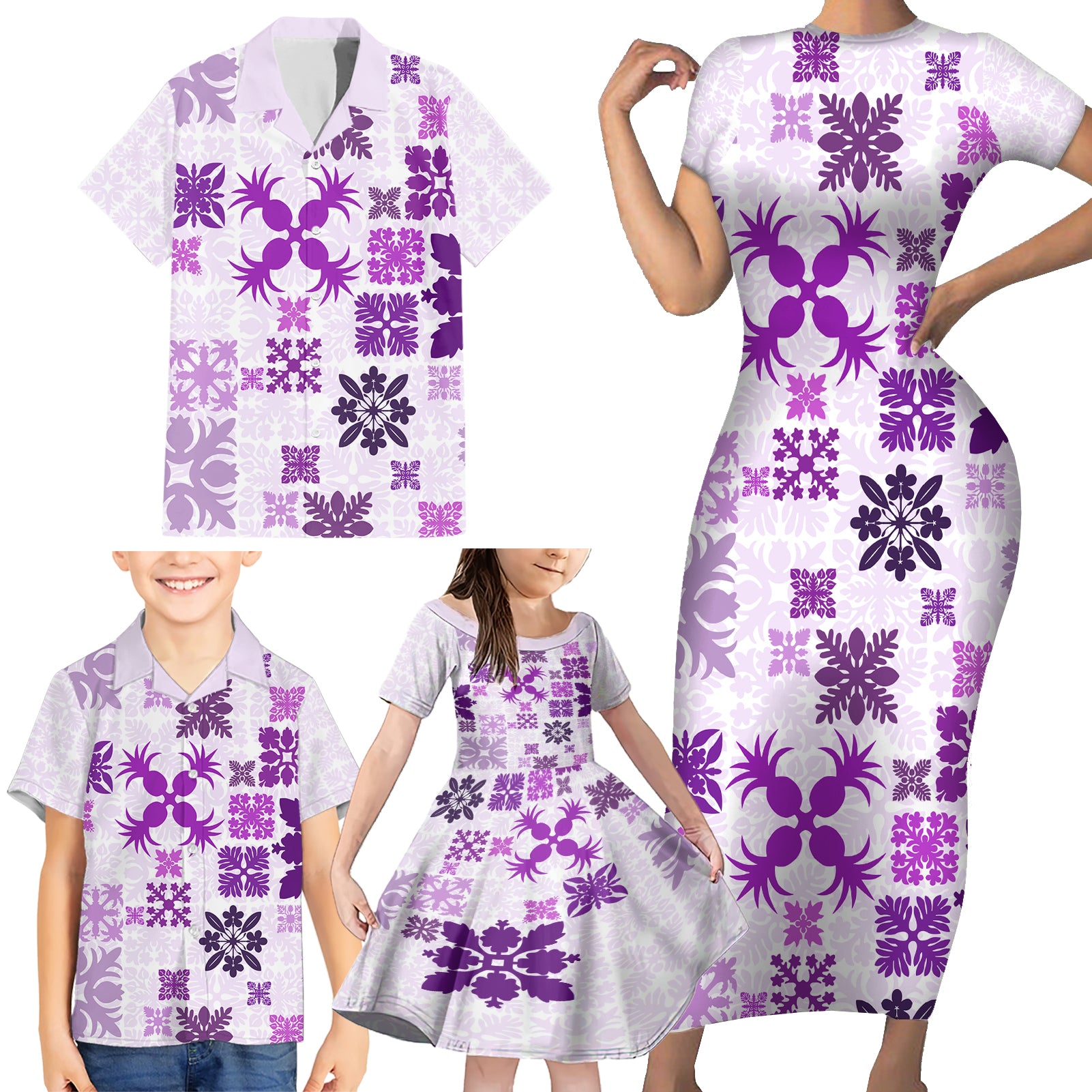 Vintage Hawaii Family Matching Short Sleeve Bodycon Dress and Hawaiian Shirt Hawaiian Quilt Kapa Mismatch Purple LT7 - Polynesian Pride