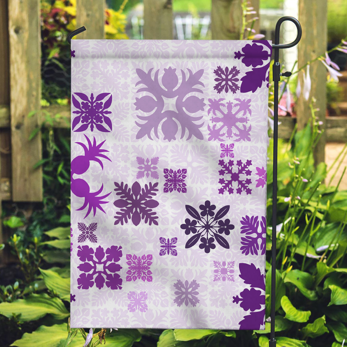 Vintage Hawaii Garden Flag Hawaiian Quilt Kapa Mismatch Purple LT7 Garden Flag Purple - Polynesian Pride