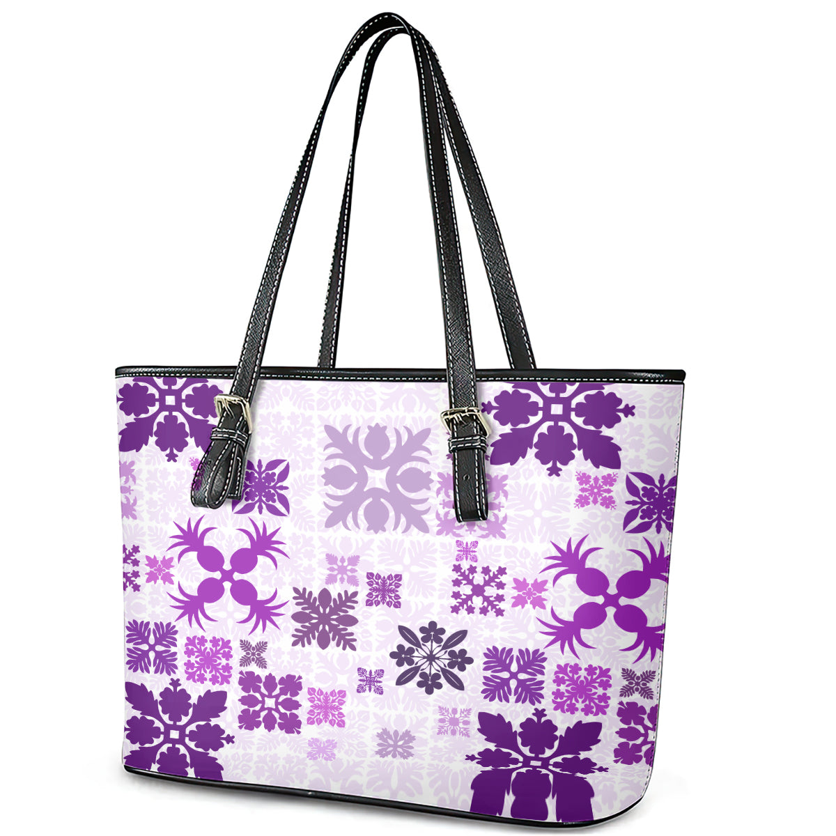 Vintage Hawaii Leather Tote Bag Hawaiian Quilt Kapa Mismatch Purple LT7 - Polynesian Pride
