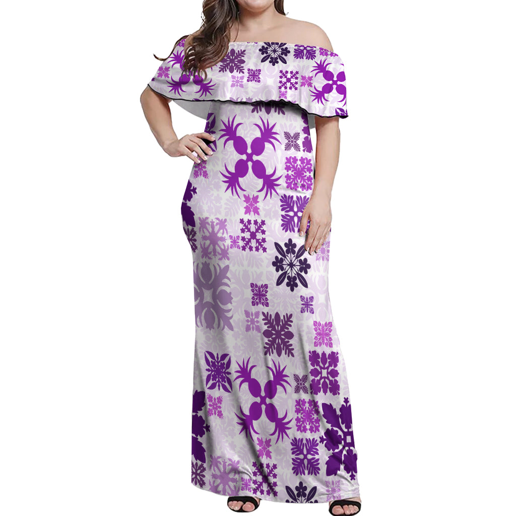 Vintage Hawaii Off Shoulder Maxi Dress Hawaiian Quilt Kapa Mismatch Purple LT7 Women Purple - Polynesian Pride