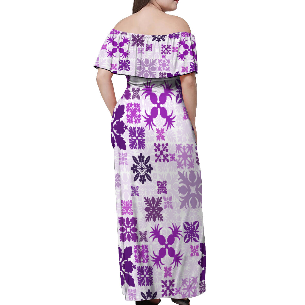 Vintage Hawaii Off Shoulder Maxi Dress Hawaiian Quilt Kapa Mismatch Purple LT7 - Polynesian Pride