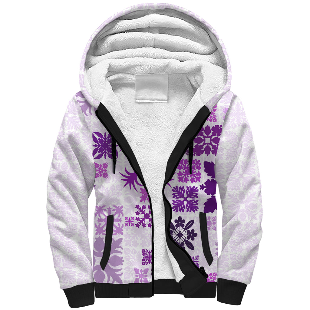 Vintage Hawaii Sherpa Hoodie Hawaiian Quilt Kapa Mismatch Purple LT7 Unisex Purple - Polynesian Pride