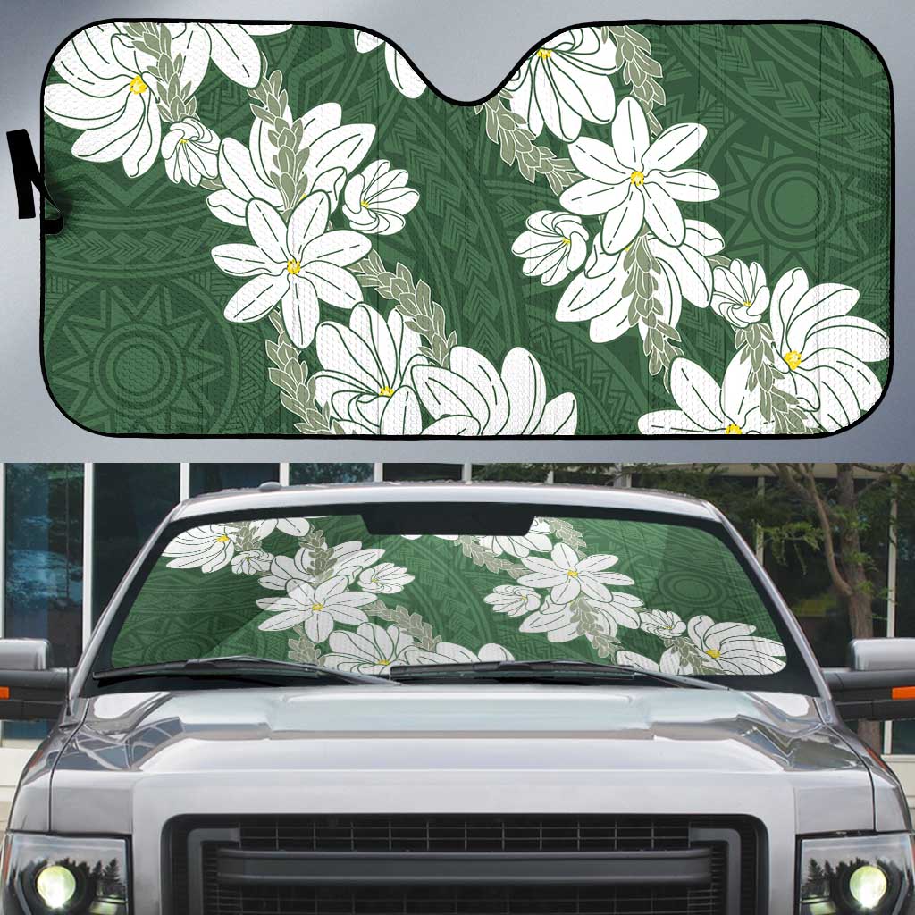 Ia Orana Tahiti Tiare Auto Sun Shade Sage Green Lei - Polynesian Pride