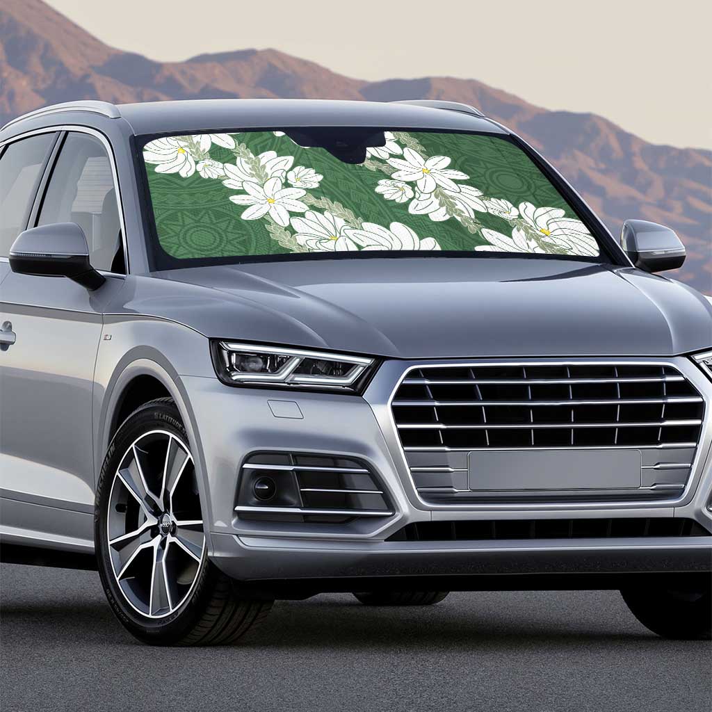 Ia Orana Tahiti Tiare Auto Sun Shade Sage Green Lei - Polynesian Pride