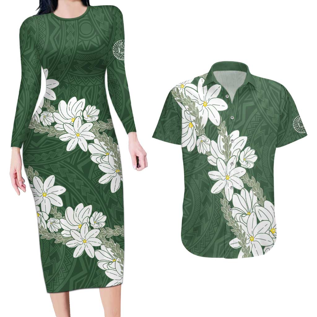 Ia Orana Tahiti Tiare Couples Matching Long Sleeve Bodycon Dress and Hawaiian Shirt Sage Green Lei - Polynesian Pride