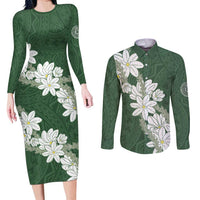 Ia Orana Tahiti Tiare Couples Matching Long Sleeve Bodycon Dress and Long Sleeve Button Shirt Sage Green Lei - Polynesian Pride