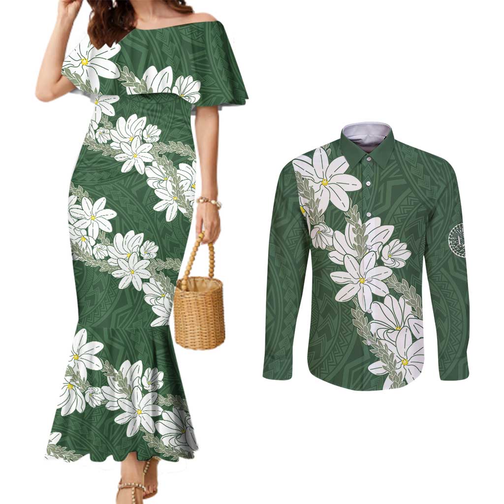 Ia Orana Tahiti Tiare Couples Matching Mermaid Dress and Long Sleeve Button Shirt Sage Green Lei - Polynesian Pride