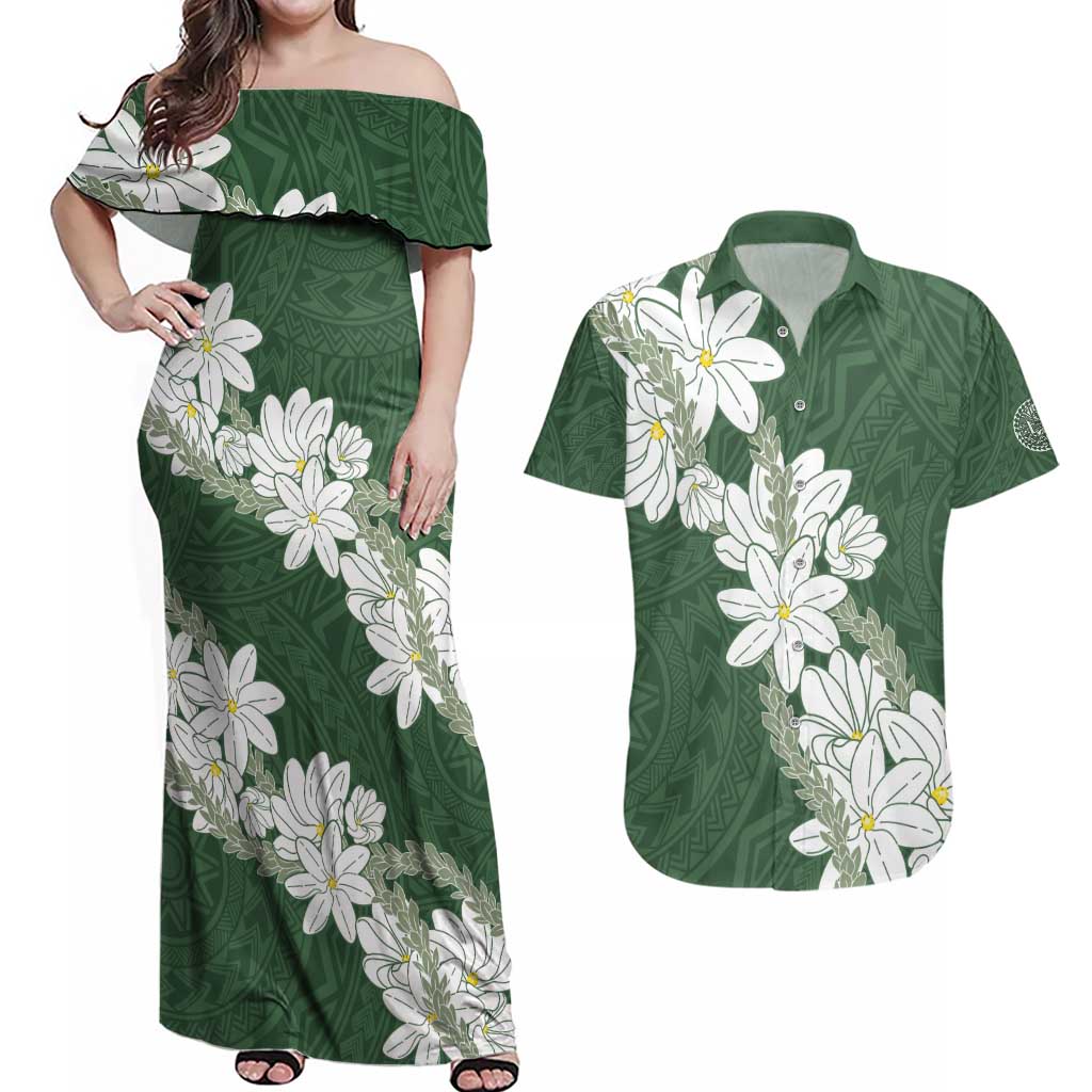 Ia Orana Tahiti Tiare Couples Matching Off Shoulder Maxi Dress and Hawaiian Shirt Sage Green Lei - Polynesian Pride