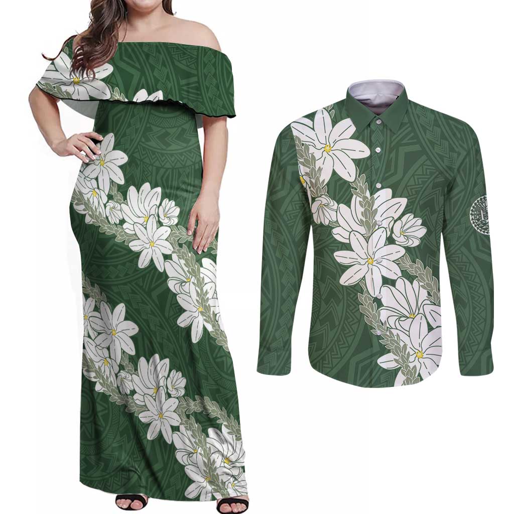 Ia Orana Tahiti Tiare Couples Matching Off Shoulder Maxi Dress and Long Sleeve Button Shirt Sage Green Lei - Polynesian Pride