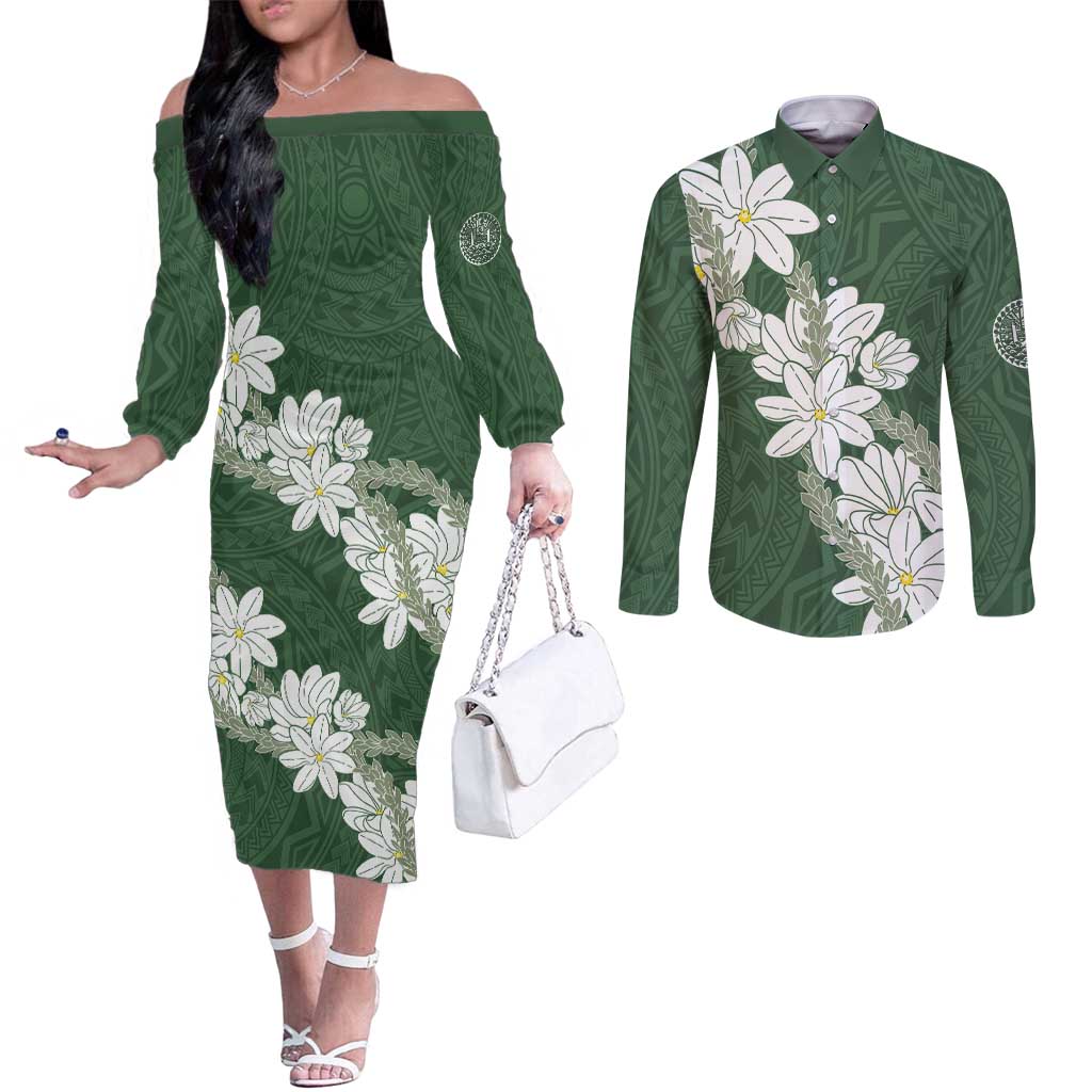 Ia Orana Tahiti Tiare Couples Matching Off The Shoulder Long Sleeve Dress and Long Sleeve Button Shirt Sage Green Lei - Polynesian Pride