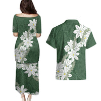 Ia Orana Tahiti Tiare Couples Matching Puletasi and Hawaiian Shirt Sage Green Lei - Polynesian Pride