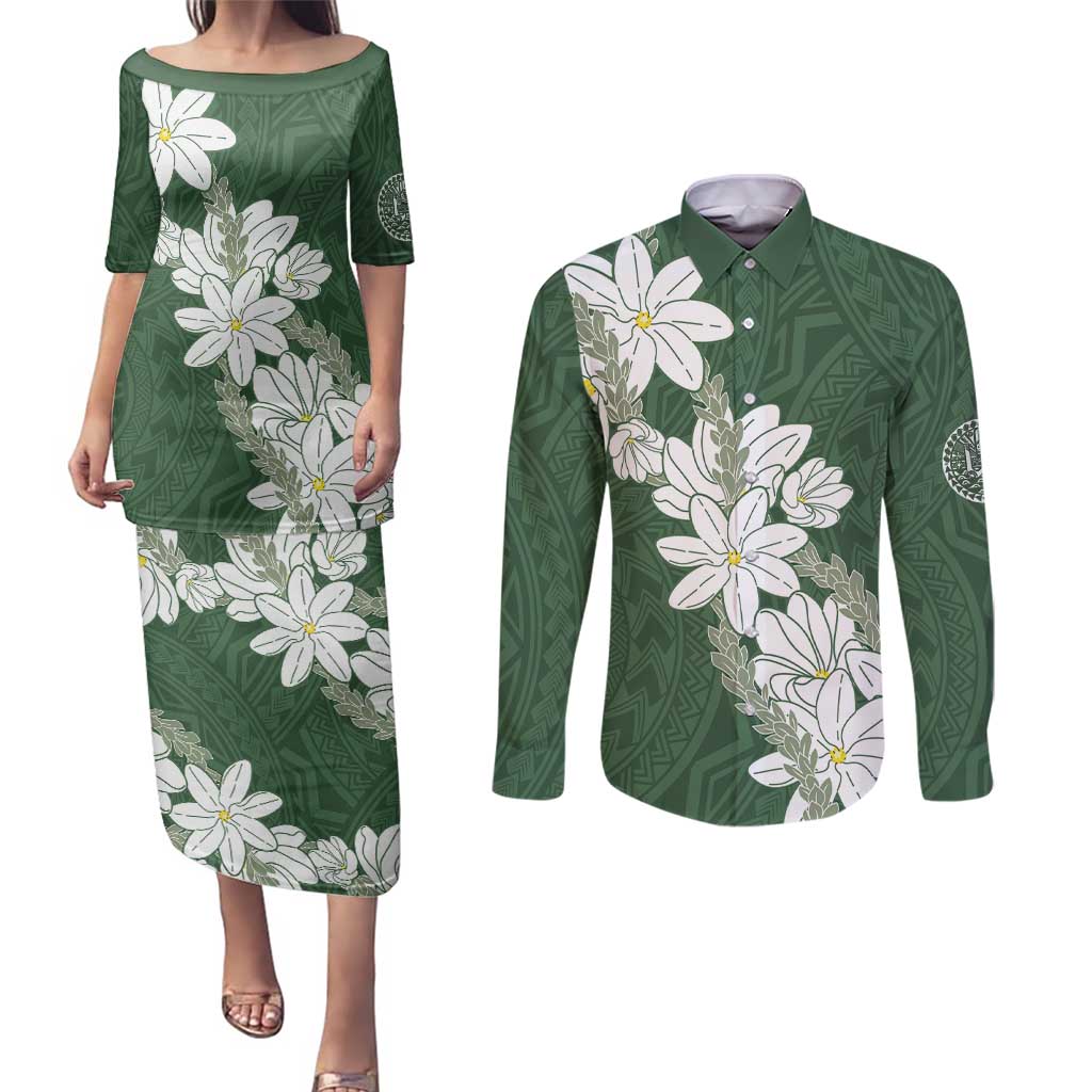 Ia Orana Tahiti Tiare Couples Matching Puletasi and Long Sleeve Button Shirt Sage Green Lei - Polynesian Pride