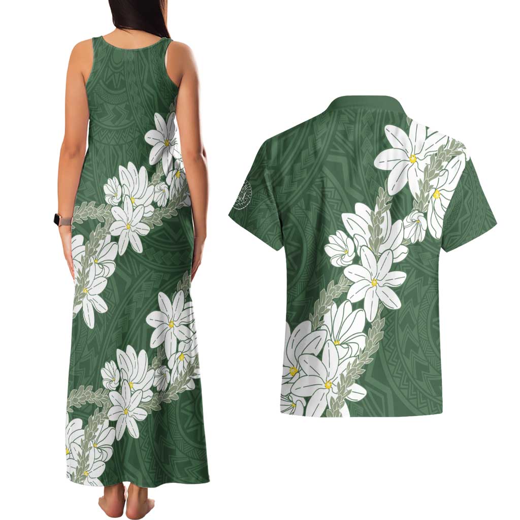 Ia Orana Tahiti Tiare Couples Matching Tank Maxi Dress and Hawaiian Shirt Sage Green Lei - Polynesian Pride