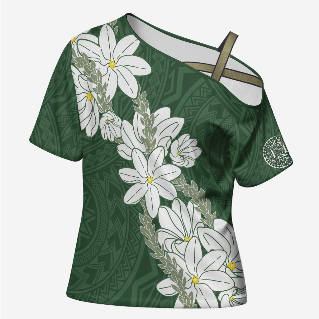 Ia Orana Tahiti Tiare Cross Shoulder Shirt Sage Green Lei - Polynesian Pride