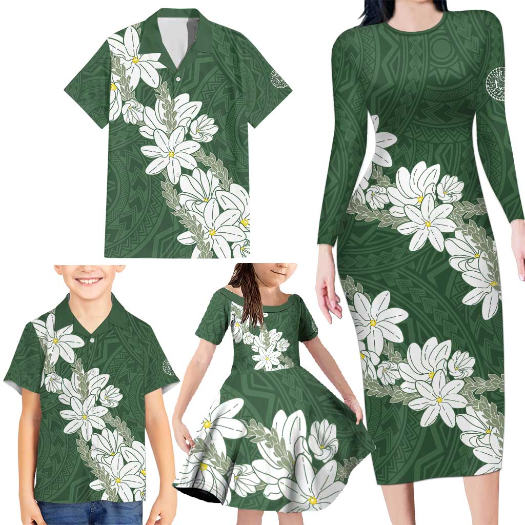 Ia Orana Tahiti Tiare Family Matching Long Sleeve Bodycon Dress and Hawaiian Shirt Sage Green Lei - Polynesian Pride
