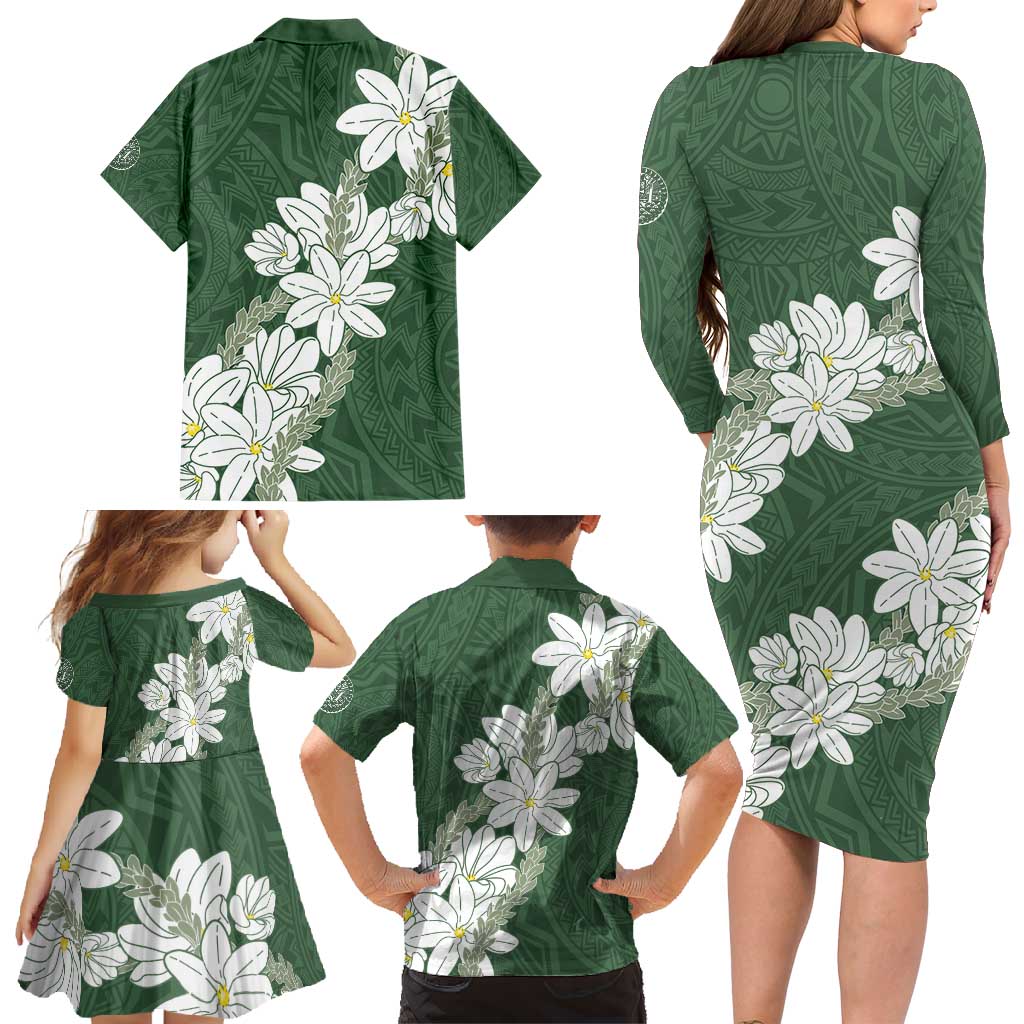 Ia Orana Tahiti Tiare Family Matching Long Sleeve Bodycon Dress and Hawaiian Shirt Sage Green Lei - Polynesian Pride