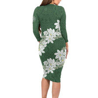 Ia Orana Tahiti Tiare Family Matching Long Sleeve Bodycon Dress and Hawaiian Shirt Sage Green Lei - Polynesian Pride