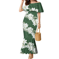 Ia Orana Tahiti Tiare Family Matching Mermaid Dress and Hawaiian Shirt Sage Green Lei - Polynesian Pride