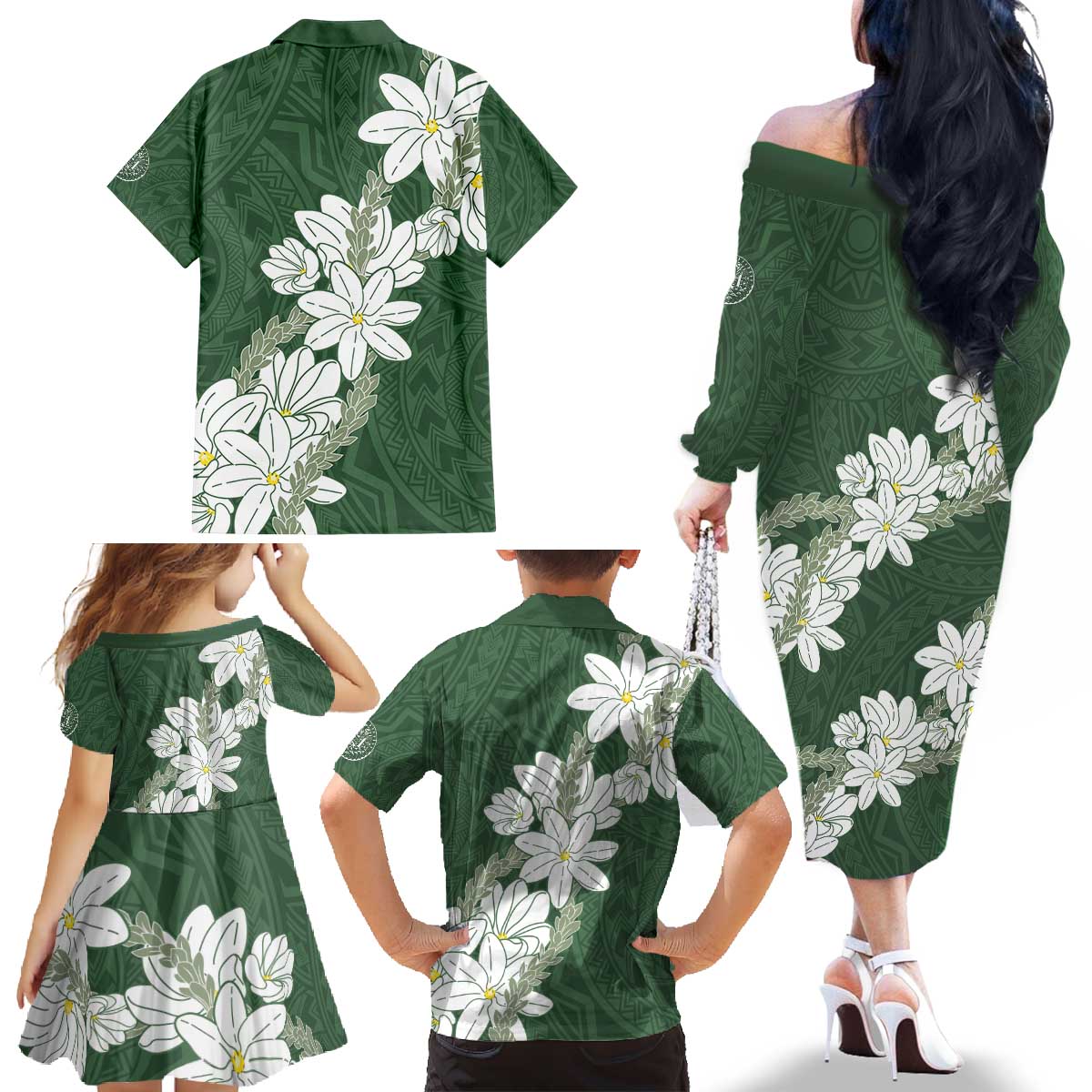 Ia Orana Tahiti Tiare Family Matching Off The Shoulder Long Sleeve Dress and Hawaiian Shirt Sage Green Lei - Polynesian Pride