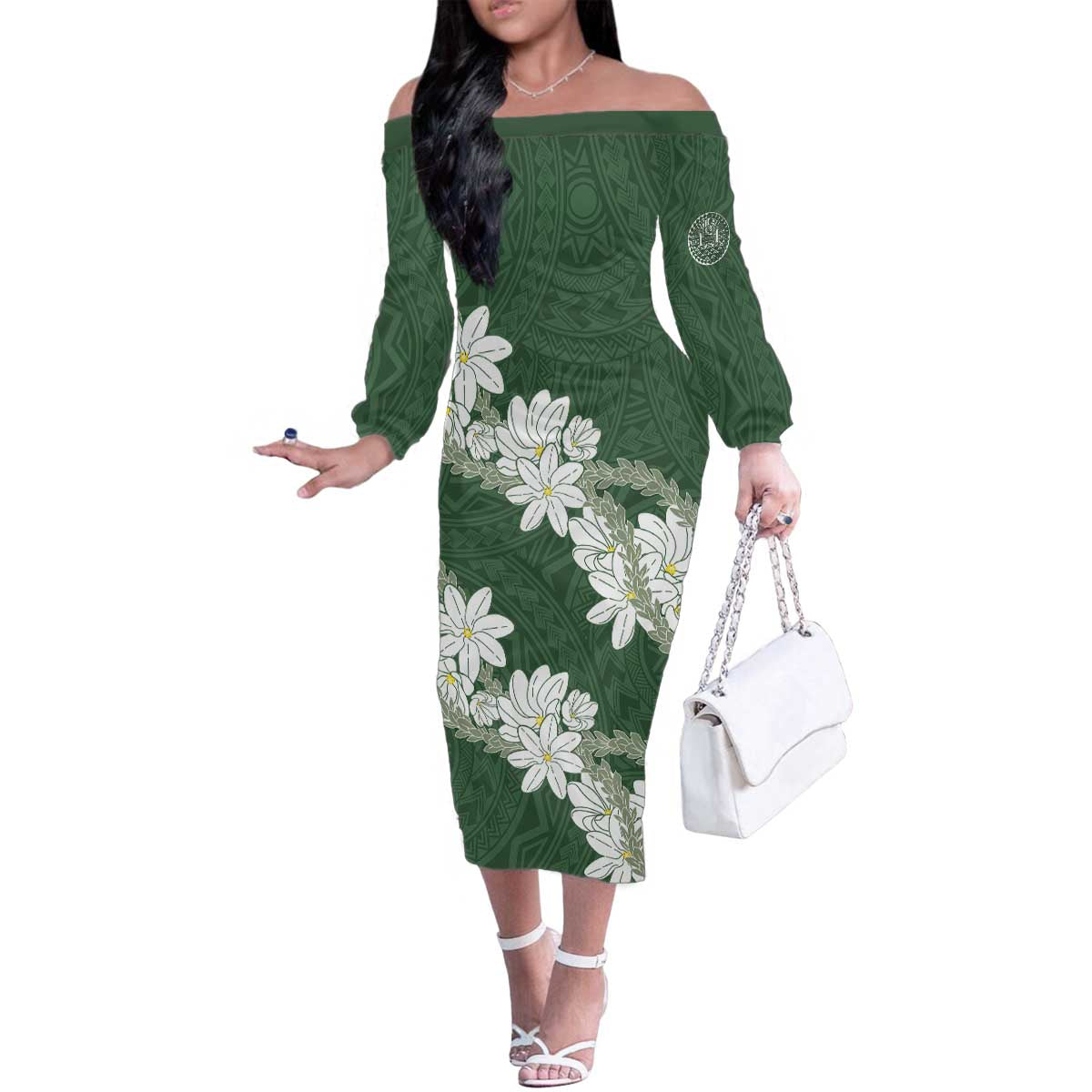 Ia Orana Tahiti Tiare Family Matching Off The Shoulder Long Sleeve Dress and Hawaiian Shirt Sage Green Lei - Polynesian Pride