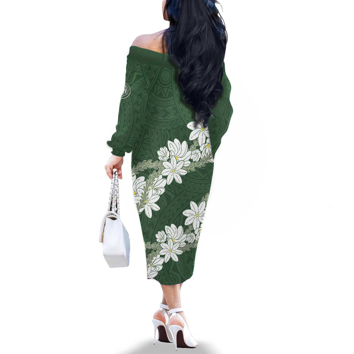 Ia Orana Tahiti Tiare Family Matching Off The Shoulder Long Sleeve Dress and Hawaiian Shirt Sage Green Lei - Polynesian Pride
