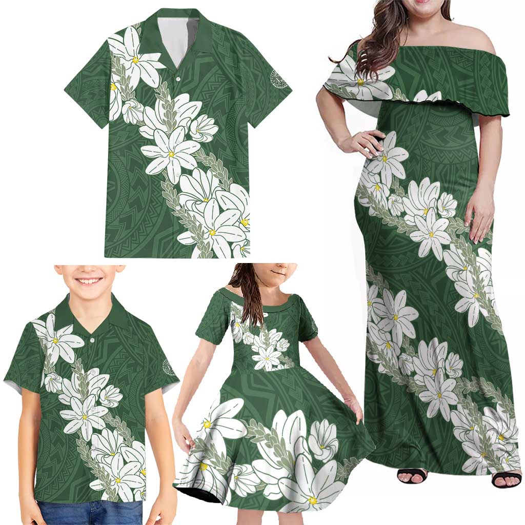 Ia Orana Tahiti Tiare Family Matching Off Shoulder Maxi Dress and Hawaiian Shirt Sage Green Lei - Polynesian Pride