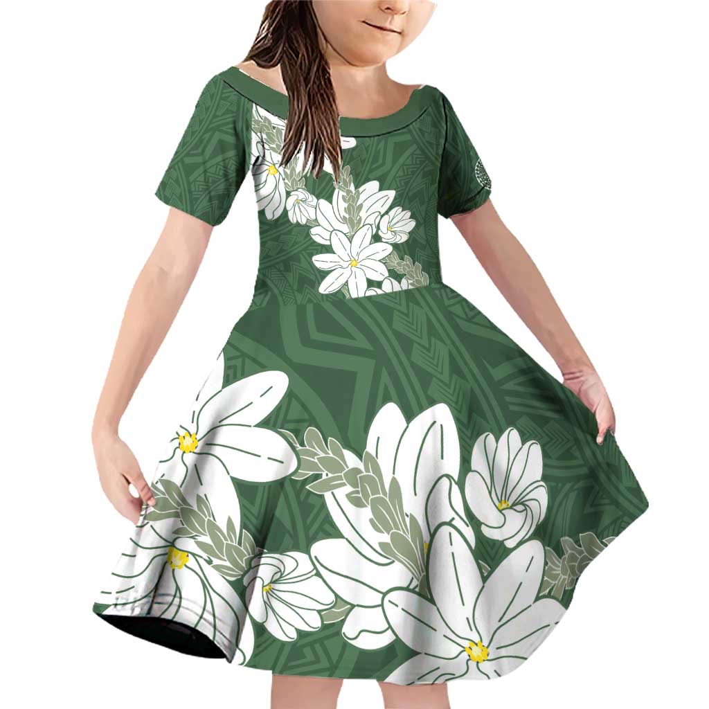 Ia Orana Tahiti Tiare Family Matching Off Shoulder Short Dress and Hawaiian Shirt Sage Green Lei - Polynesian Pride